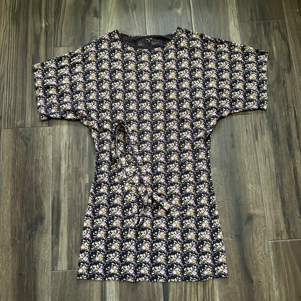 Garnet Hill Floral Cotton Modal Dolman Sleeve Belted Midi Dress Black Pink XS